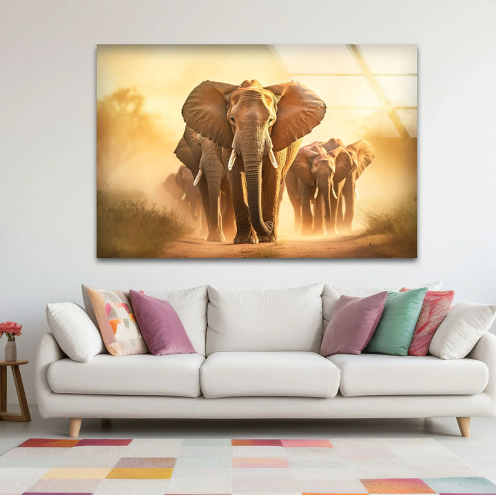 Elephant Herd Safari Wall Art – Majestic Wildlife Glass Print for Bold Natural Decor - MyPhotoStation