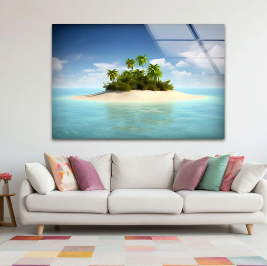 From the clear turquoise of the sea to the white sand beach, this tropical island escape wall art captures a seamless glass printing color gradation.