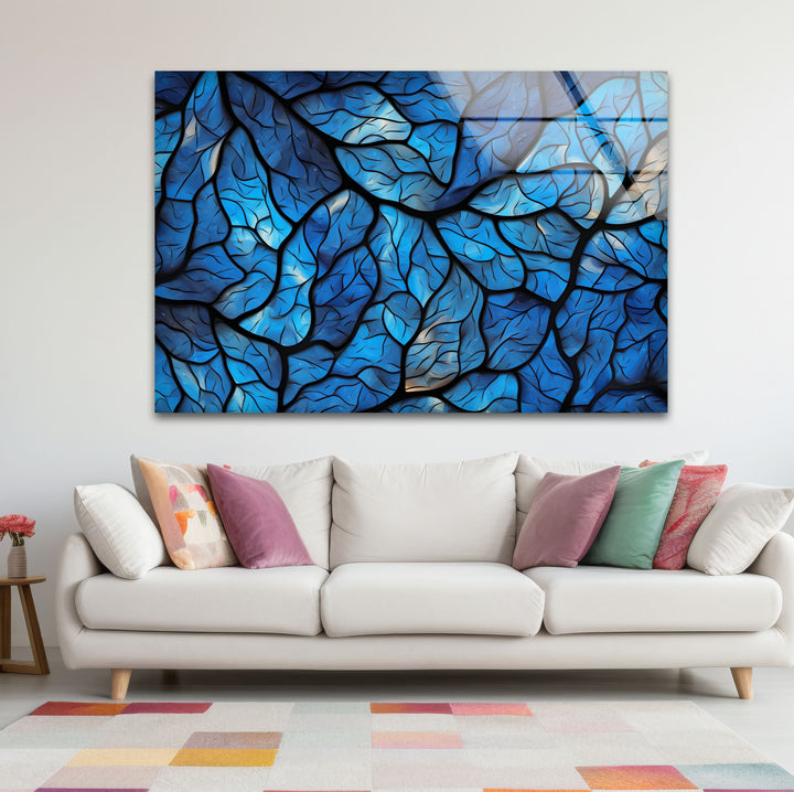 Blaues Blattmosaik-Wandbild – Abstrakter Naturglasdruck für modernes Dekor