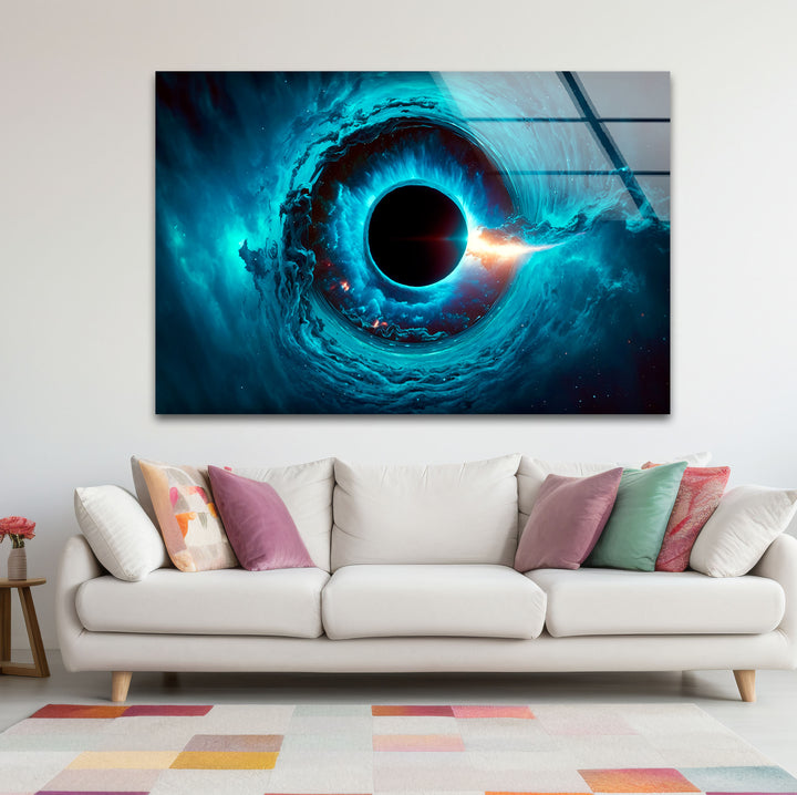 Wandkunst mit kosmischem schwarzen Loch – Blaues Wirbel-Galaxie-Glasdruckdekor 