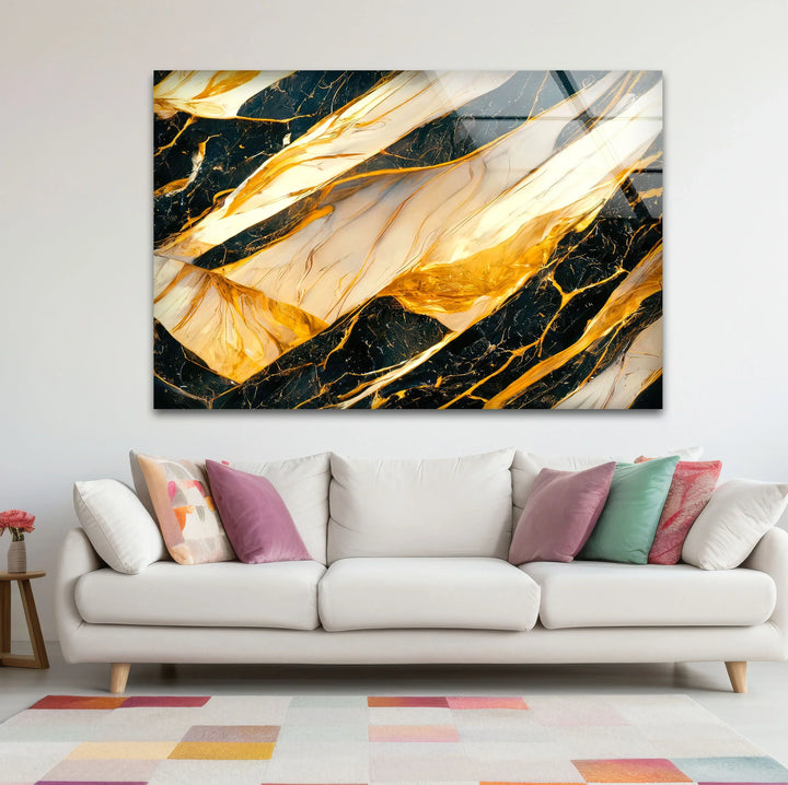 Luxury Black Marble Glass Wall Art with Gold and White Fluid Veins – Modern Abstract Decor - MyPhotoStation