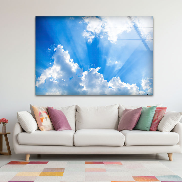 Heavenly Sky Light Rays Wall Art – Blue Cloudscape Glass Print for Uplifting Decor