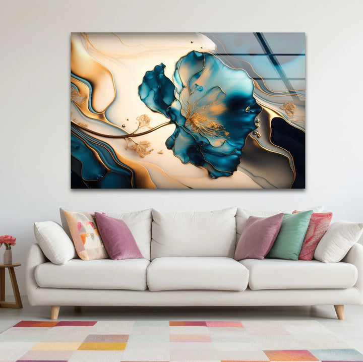 Luxury Blue Gold Floral Wall Art – Elegant Glass Print for Living Room or Office - MyPhotoStation