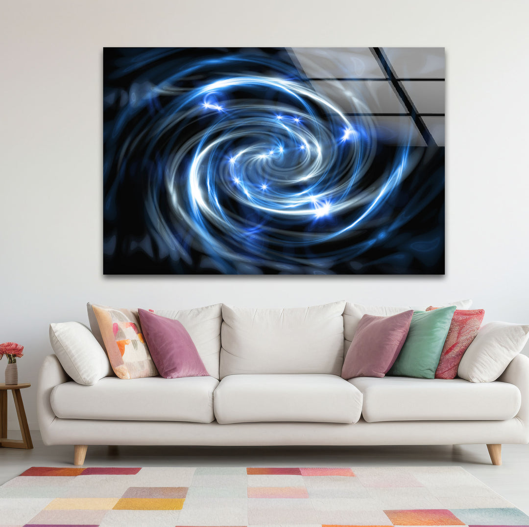 Spiralgalaxie-Wandkunst aus Glas – Blauer kosmischer Wirbel mit Sternenexplosionen