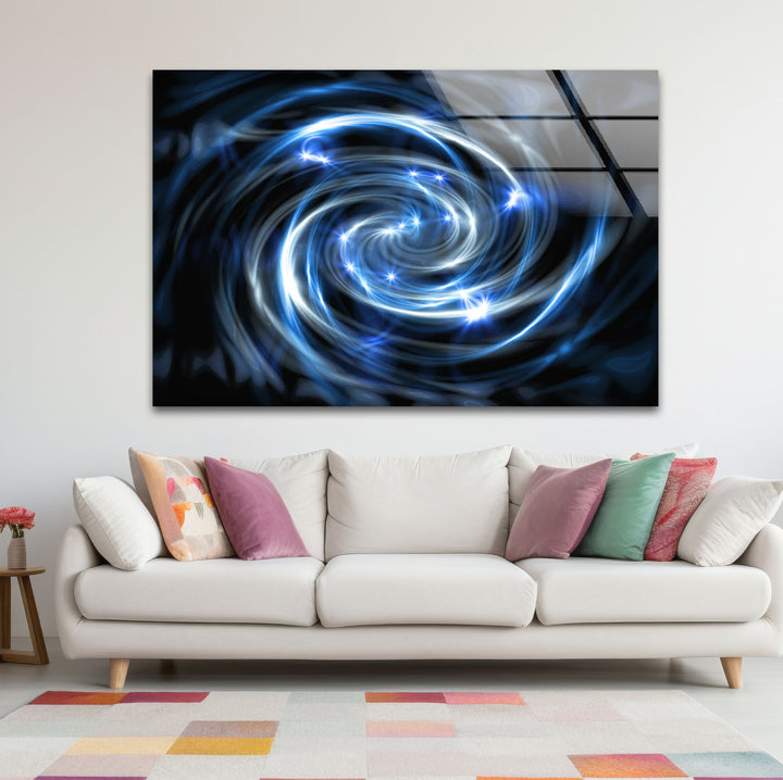 Spiralgalaxie-Wandkunst aus Glas – Blauer kosmischer Wirbel mit Sternenexplosionen