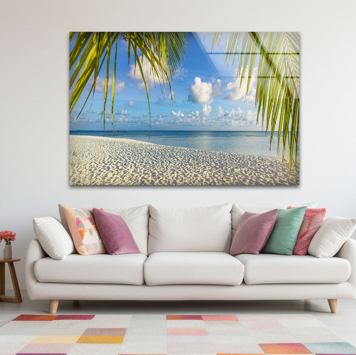Tropical Palm Beach Wall Art – White Sand and Ocean Glass Print for Coastal Decor