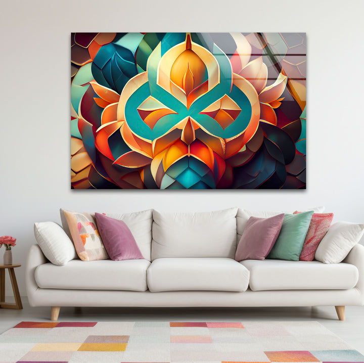 3D Geometric Mandala Glass Wall Art – Vibrant Abstract Lotus Design