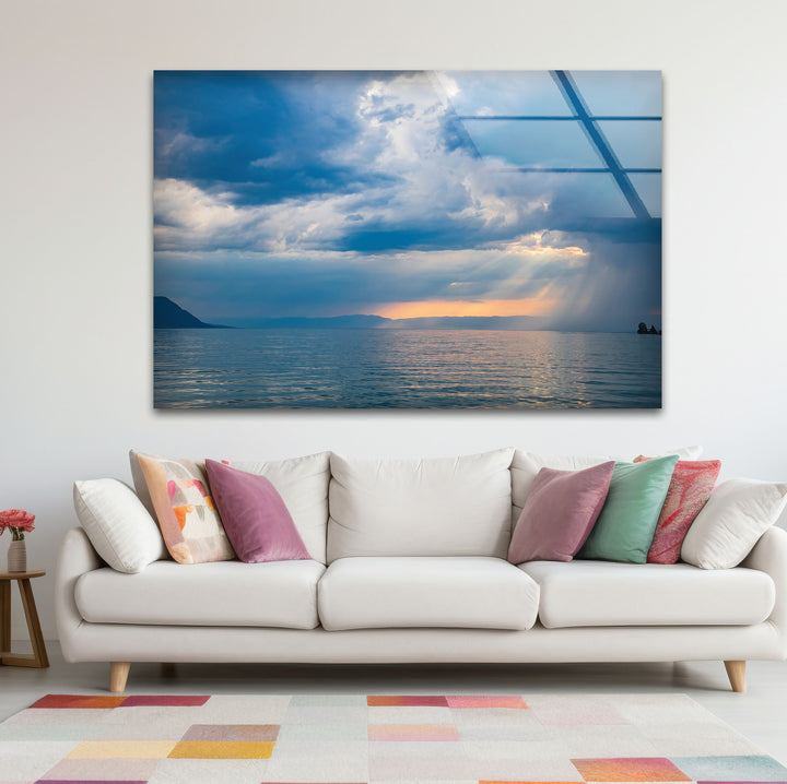 Stormy Ocean Sunset Wall Art – Moody Sea Glass Print with Sunlight Rays