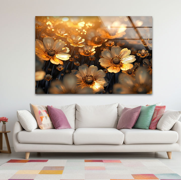 Goldene Gänseblümchenblüten-Wandkunst aus Glas – Strahlende florale Eleganz 