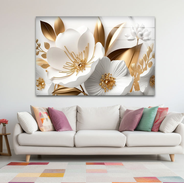 Elegant White and Gold Floral Wall Art – Luxury Botanical Glass Print for Sophisticated Decor