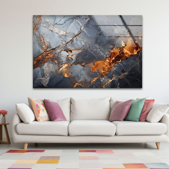 Fiery Blue Marble Glass Wall Art – Abstract Stone Texture Print