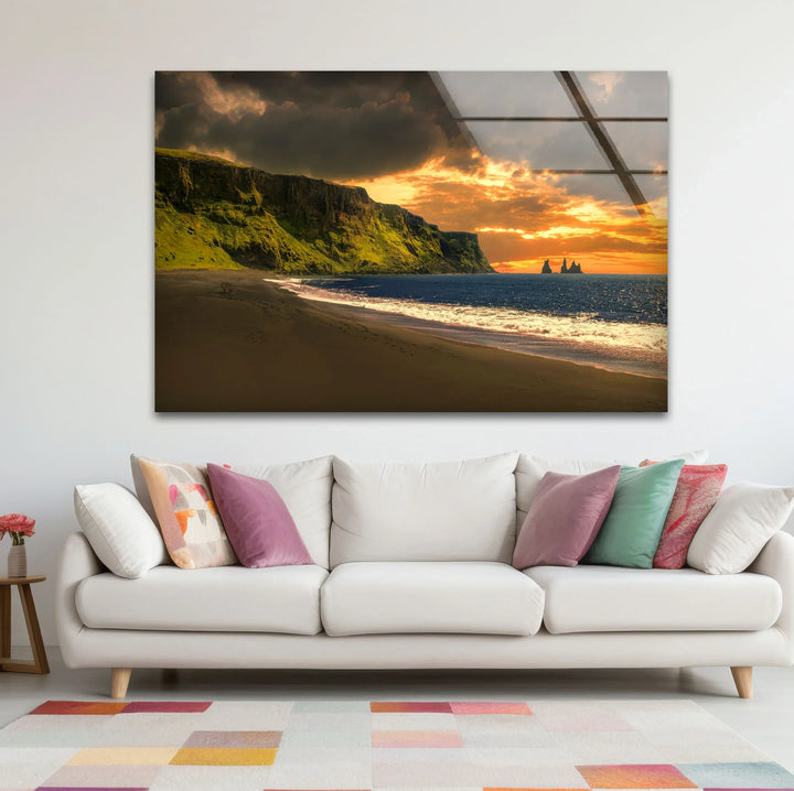 Sunset Cliffs Coastal Wall Art – Iceland Beach Landscape Glass Print - MyPhotoStation