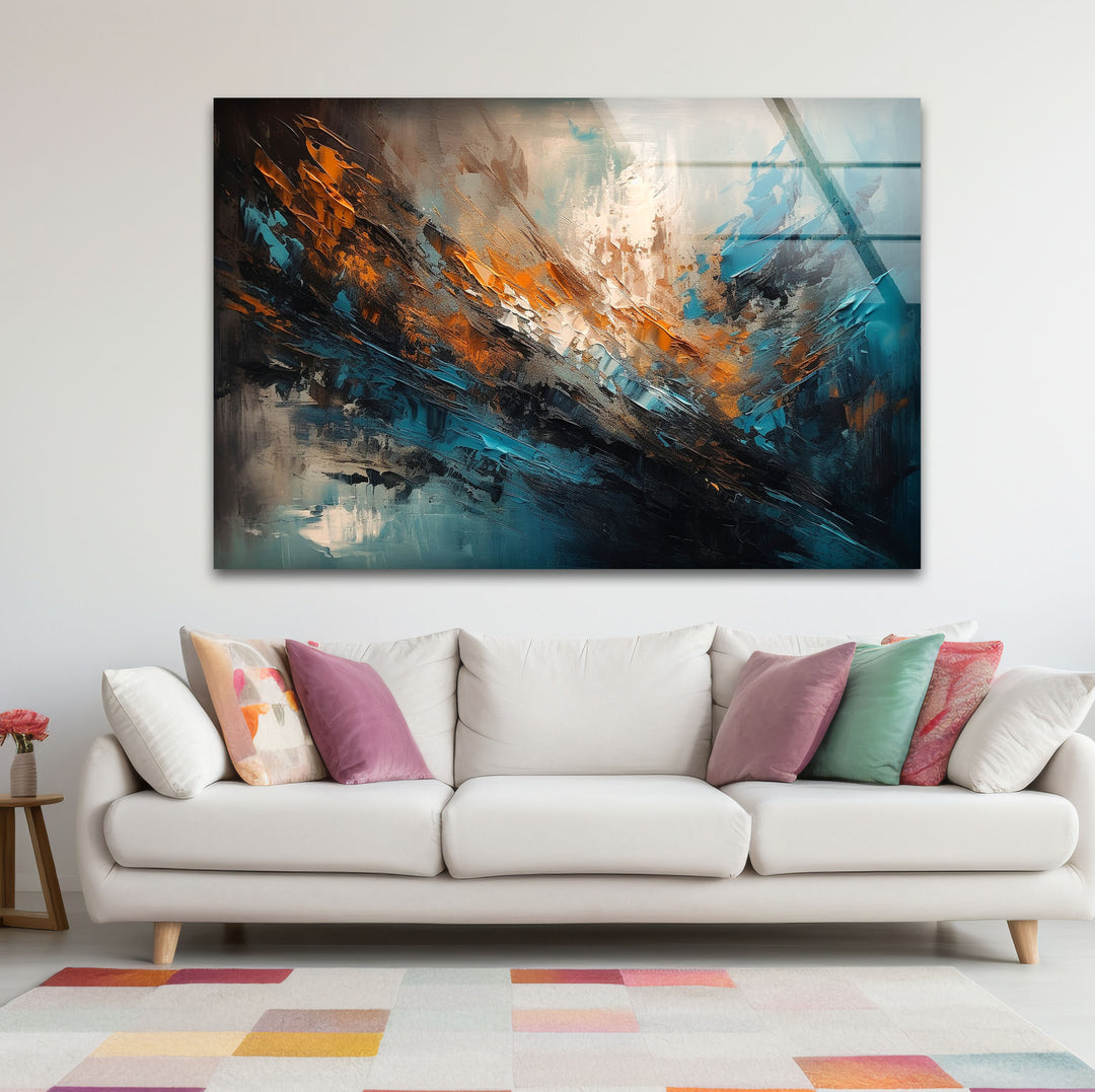 Modern Abstract Brushstroke Glass Wall Art – Teal and Copper Splash Print