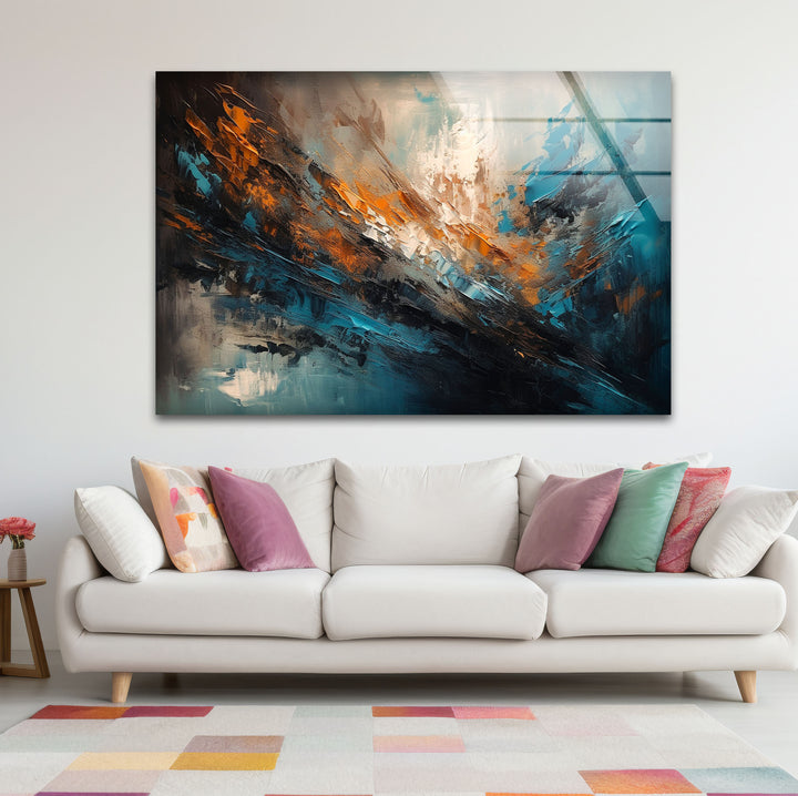 Modern Abstract Brushstroke Glass Wall Art – Teal and Copper Splash Print