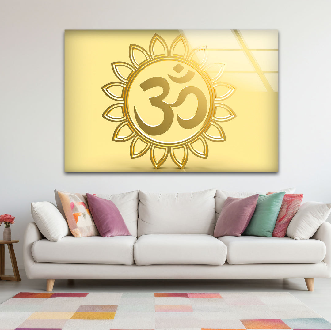 Goldenes Om-Symbol Wandkunst – Spirituelles Hindu-Dekor Glasdruck