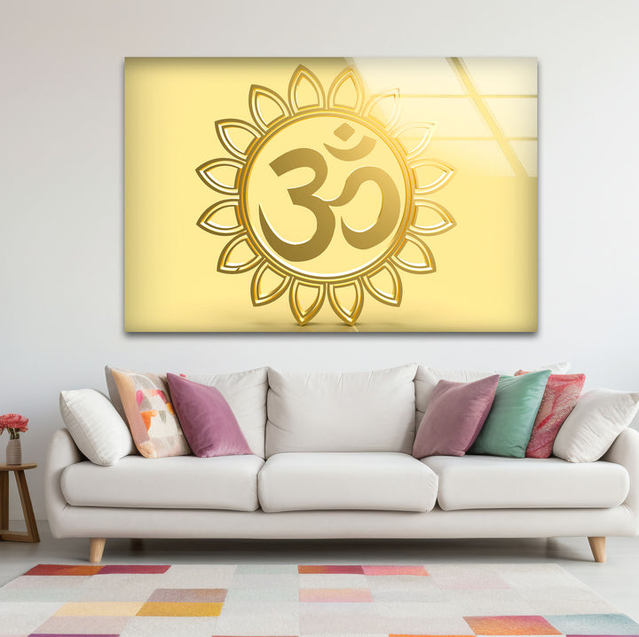 Goldenes Om-Symbol Wandkunst – Spirituelles Hindu-Dekor Glasdruck