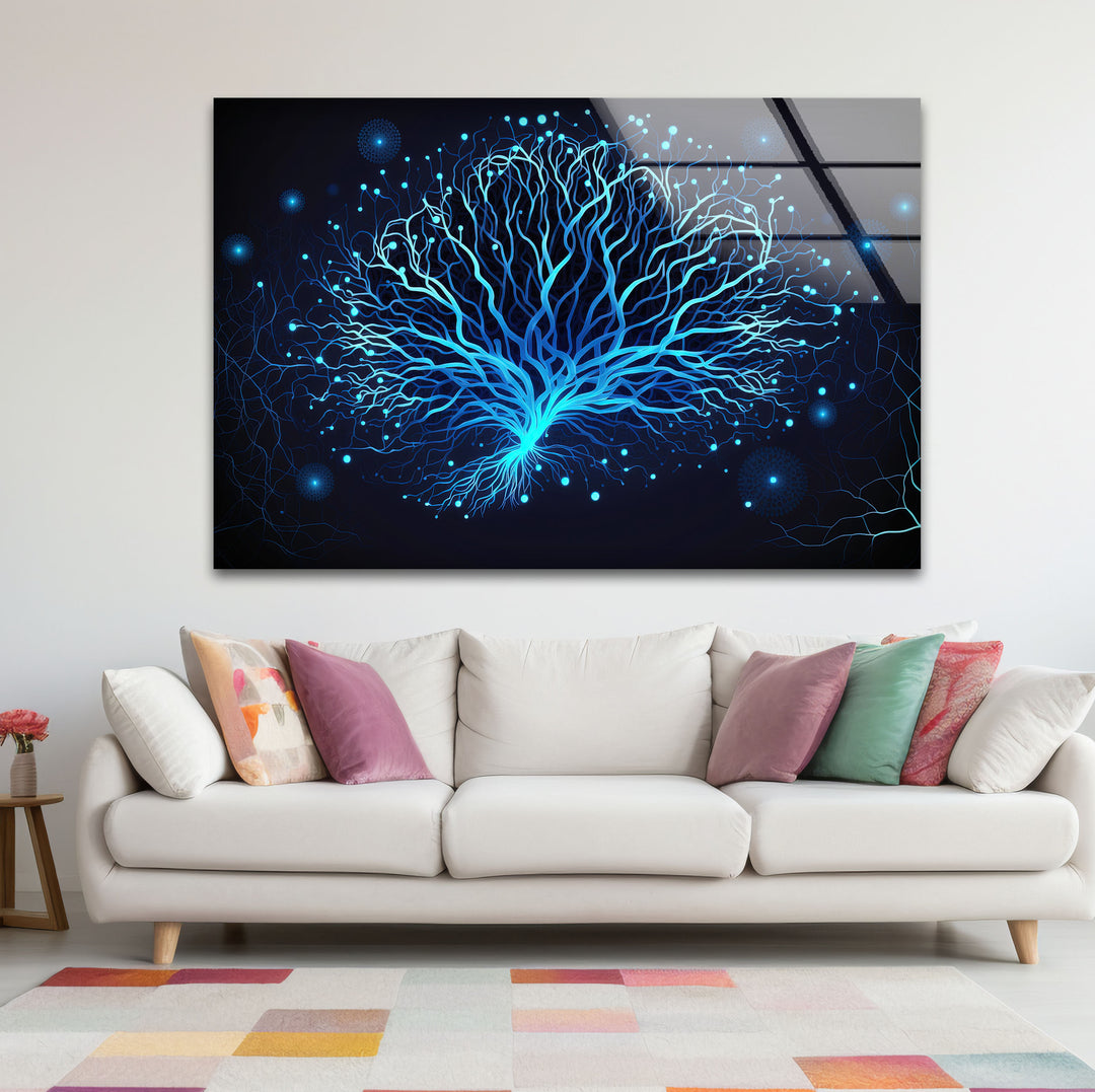 Neural Tree Wandkunst – Futuristischer blauer Nervenmuster-Glasdruck für elegante Innenräume
