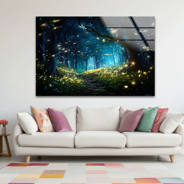 Enchanted Firefly Forest Wall Art – Magical Night Path Glass Print for Fantasy Decor - MyPhotoStation