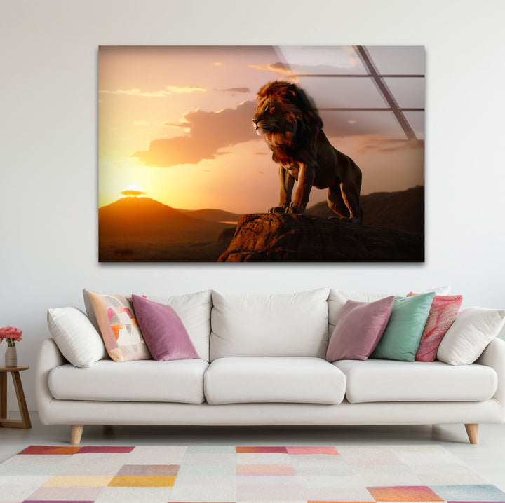 Wandkunst mit Löwe bei Sonnenuntergang – Majestätischer Glasdruck mit Safari-Szene für mutige Innenräume