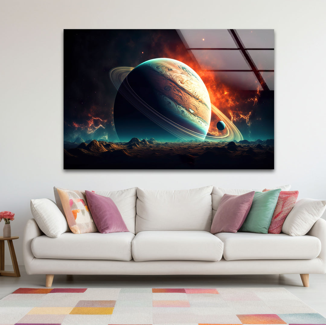 Saturn über fremdem Horizont – Planetenlandschaft, Glaswandkunst 