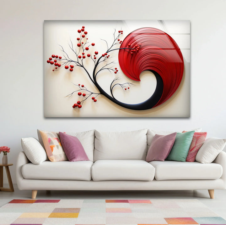 Red Abstract Botanical Wall Art – Modern Glass Decor with Cherry Elements - MyPhotoStation