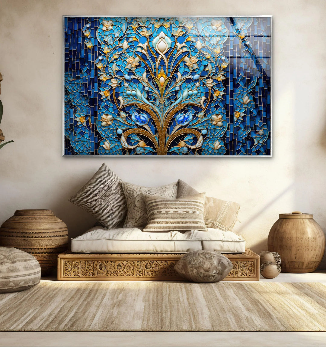 Blue Mosaic & Stained Design Glass Wall Art picture on glass wall art, photos printed on glass
