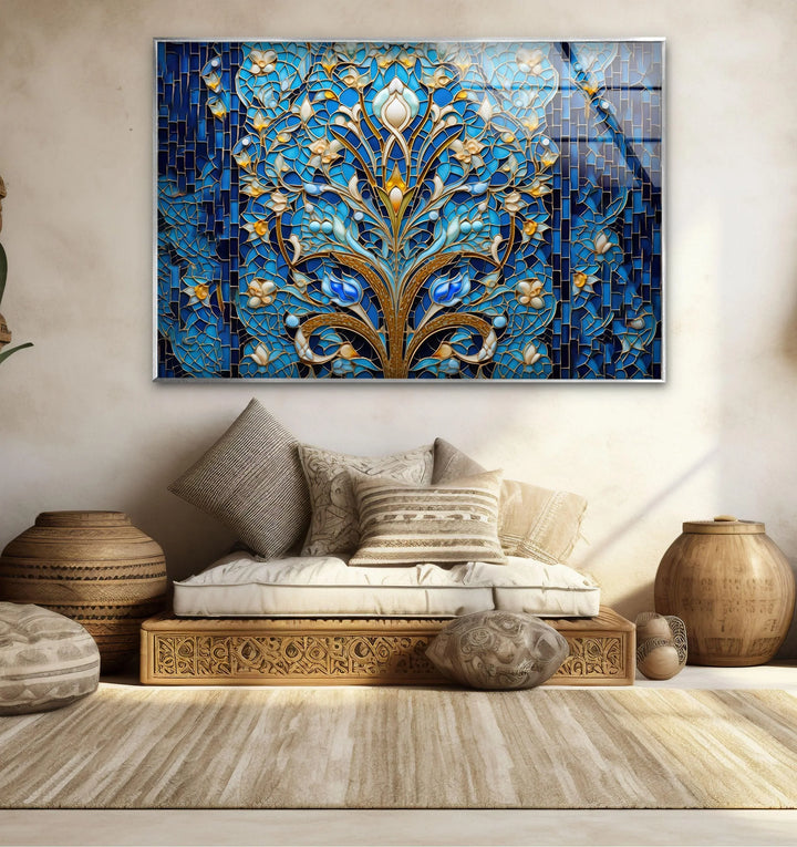 Blue Mosaic & Stained Design Glass Wall Art picture on glass wall art, photos printed on glass
