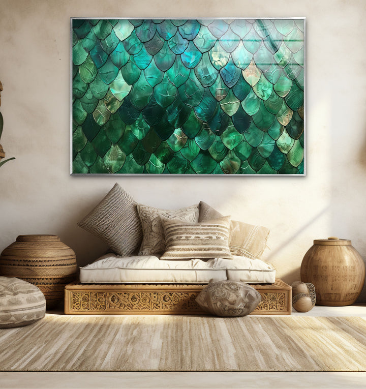 The lustrous finish of the emerald scale texture abstract green glass wall prints adds shimmering depth to the modern artwork.