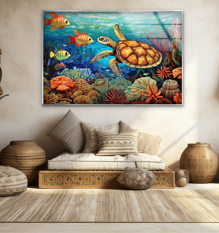 Sea Turtle & Fishes Underwater Glass Wall Art glass image printing, glass prints from photos

