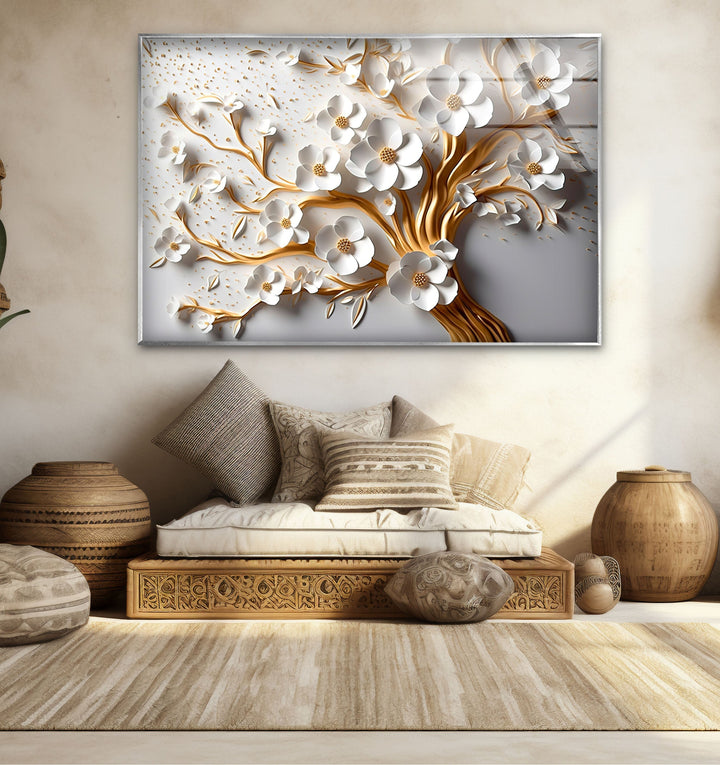 Gold and White Flower Tree Glass Wall Art stained glass wall art, stained glass wall decor
