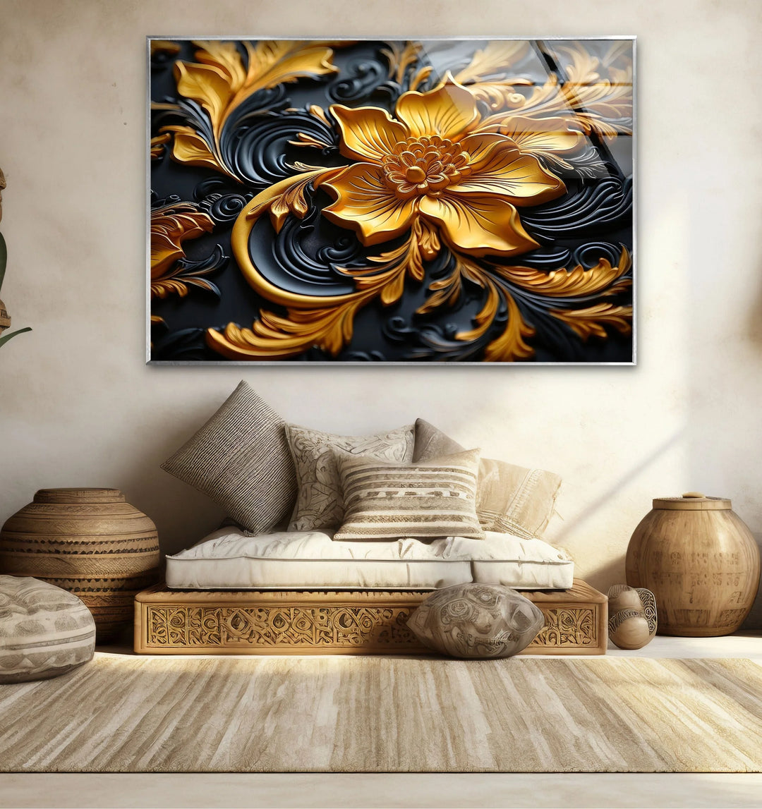 Botanical Gold & Black Flower Glass Wall Art art glass wall art, glass wall art pictures
