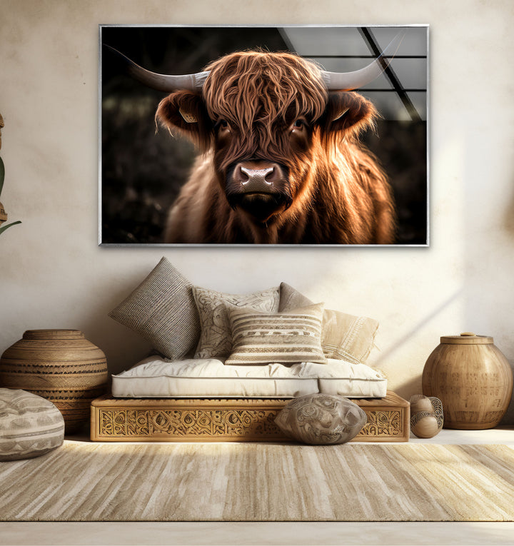 Highland Cow Wall Art – Rustic Brown Longhorn Glass Print Décor