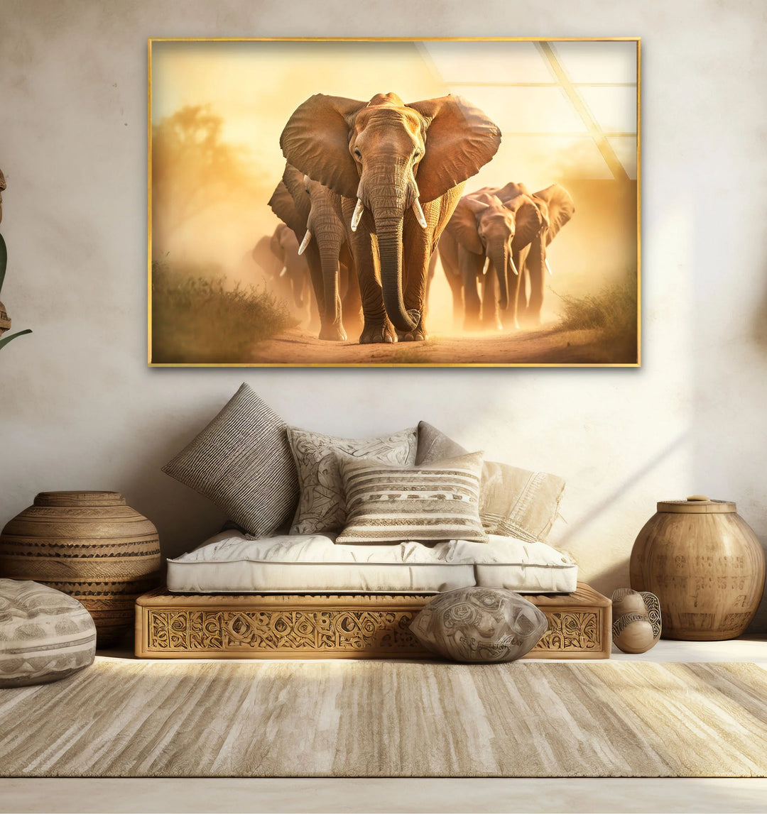 Elephant Herd Safari Wall Art – Majestic Wildlife Glass Print for Bold Natural Decor - MyPhotoStation