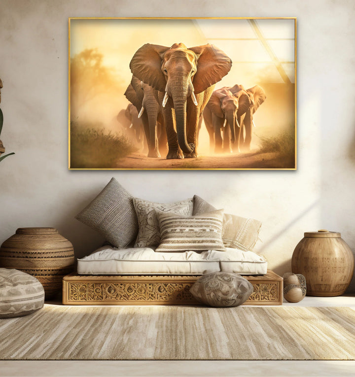 Elephant Herd Safari Wall Art – Majestic Wildlife Glass Print for Bold Natural Decor - MyPhotoStation