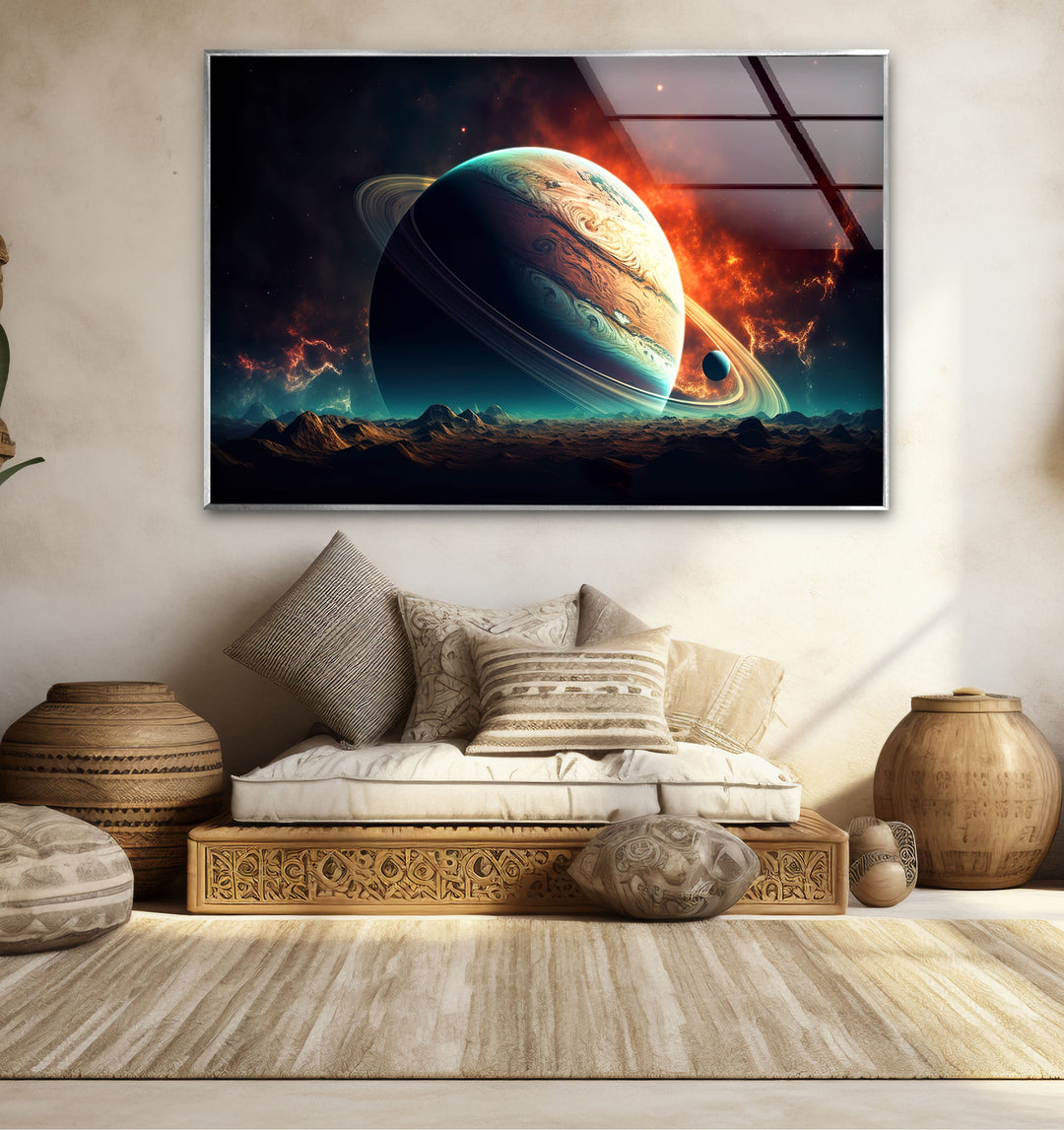 Saturn über fremdem Horizont – Planetenlandschaft, Glaswandkunst 