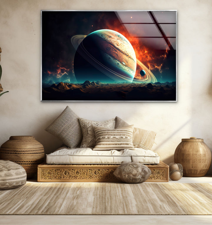 Saturn über fremdem Horizont – Planetenlandschaft, Glaswandkunst 