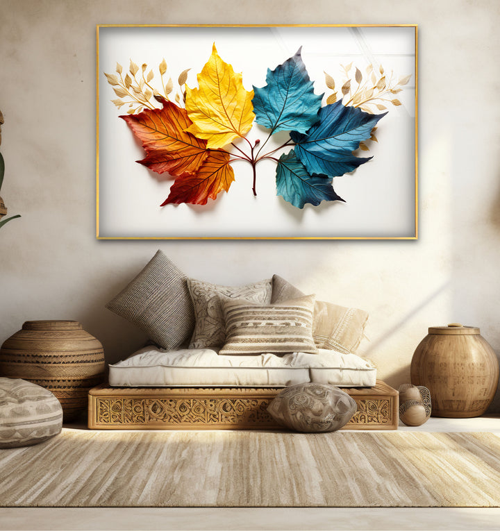 Colorful Autumn Leaves Wall Art – Modern Botanical Glass Print with Red, Yellow, and Blue Foliage