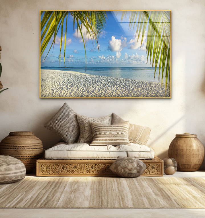 Tropical Palm Beach Wall Art – White Sand and Ocean Glass Print for Coastal Decor