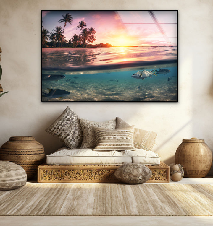 Tropical Ocean Split View Wall Art – Sunset and Underwater Scene Glass Print