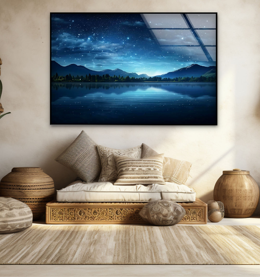 Starry Night Lake Wall Art – Tranquil Mountain Reflection Glass Print for Interior Elegance