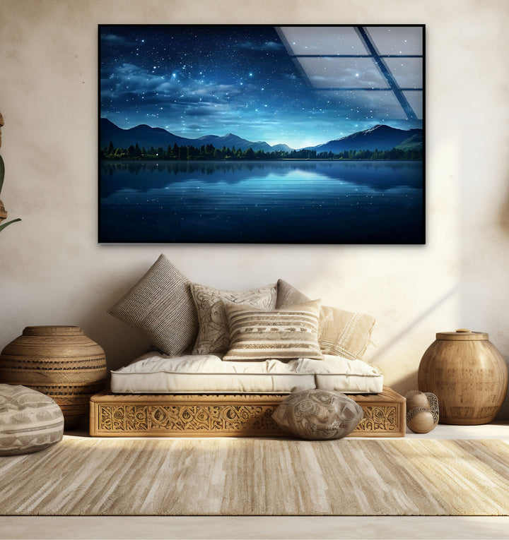 Starry Night Lake Wall Art – Tranquil Mountain Reflection Glass Print for Interior Elegance