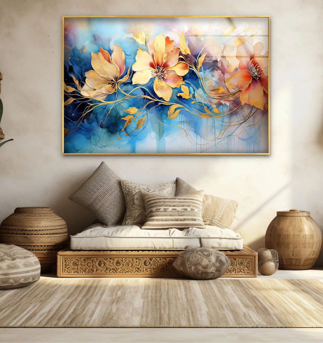 Golden Floral Fantasy Wall Art – Abstract Blue and Yellow Flower Glass Print for Elegant Interiors - MyPhotoStation