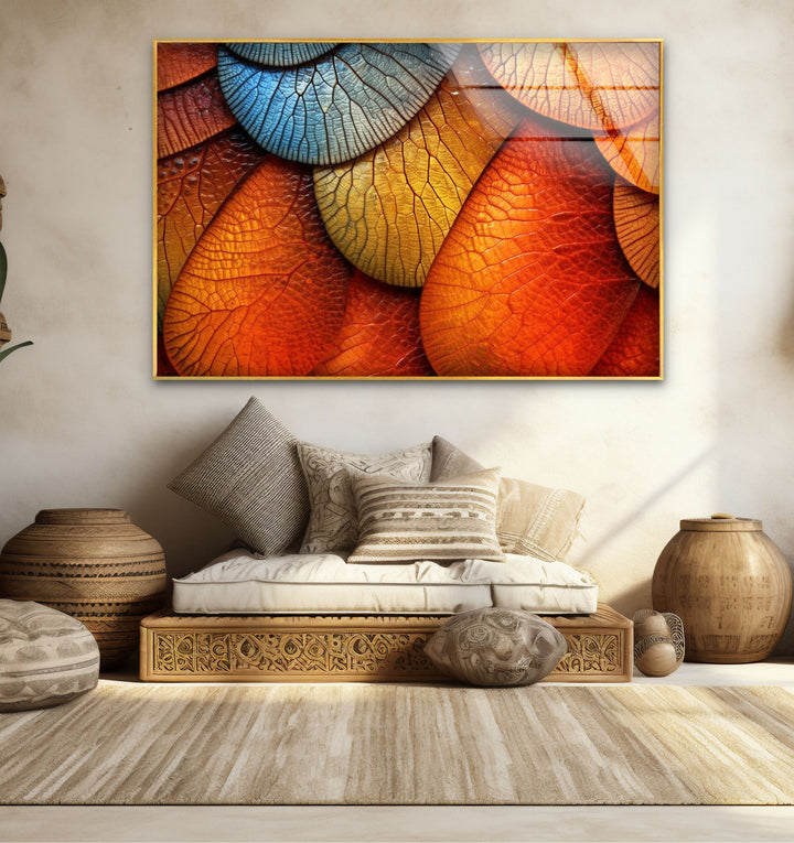 Bunte Blatttextur-Wandkunst – Abstrakter Natur-Glasdruck für moderne Innenräume