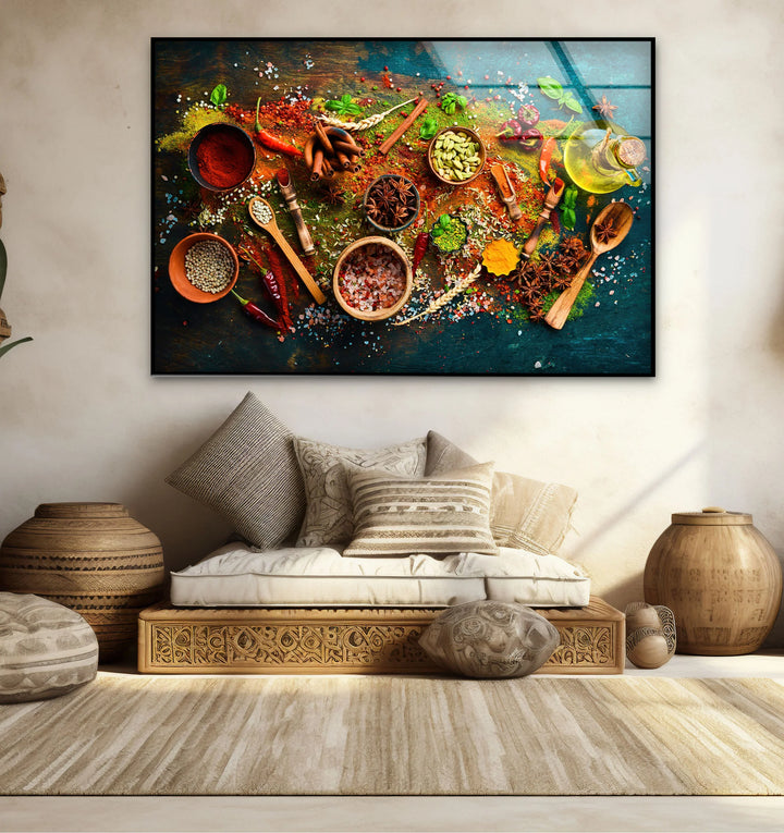 Colorful spices and herbs glass wall art displayed above a sofa features a rustic culinary theme with vibrant reds, greens, and browns in a horizontal format.