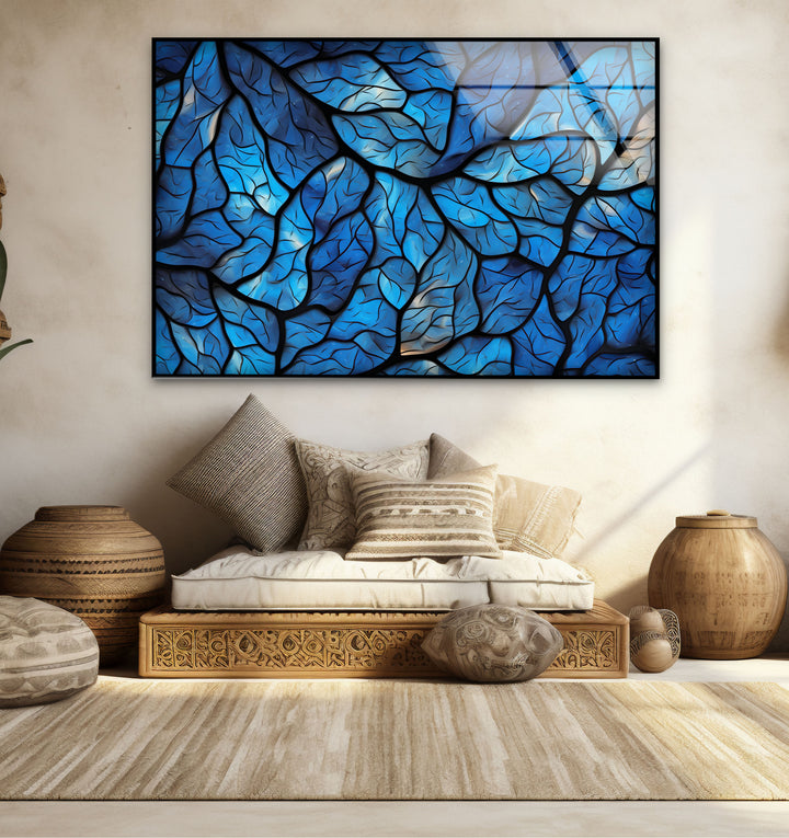 Blaues Blattmosaik-Wandbild – Abstrakter Naturglasdruck für modernes Dekor