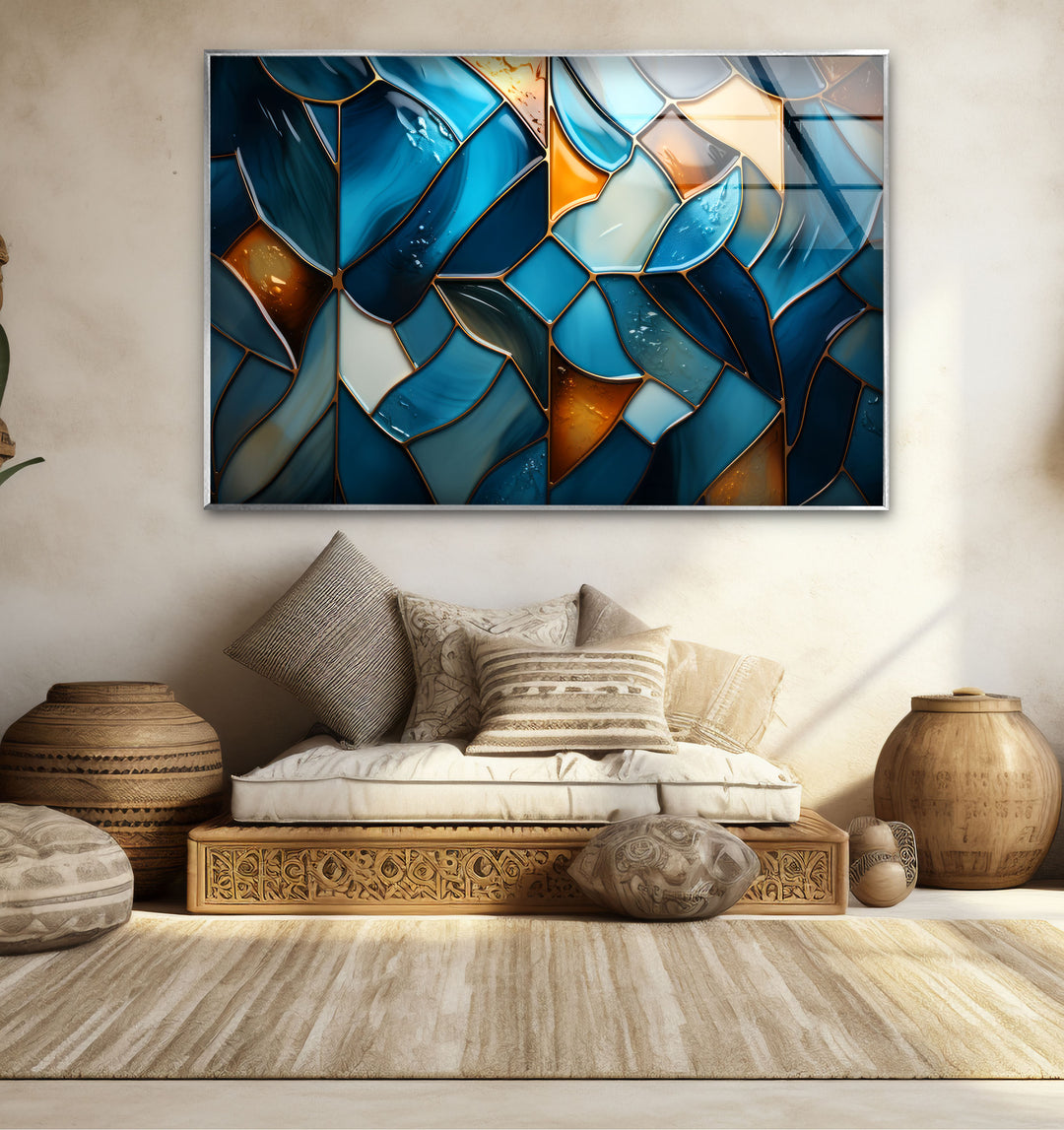 Blue Stained Glass Wall Art – Abstract Mosaic Glass Print Decor