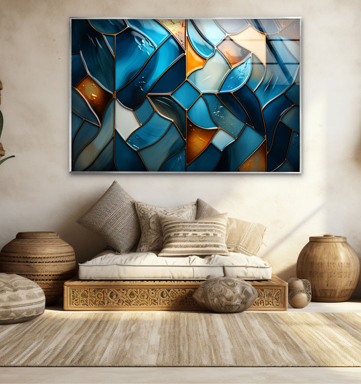 Blue Stained Glass Wall Art – Abstract Mosaic Glass Print Decor