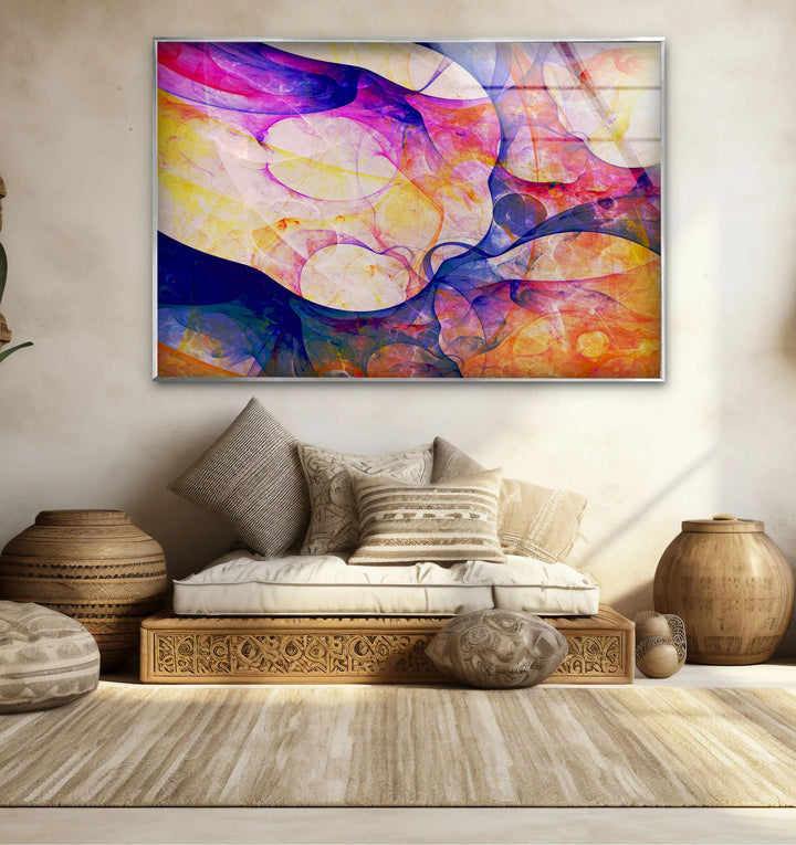 Color Swirl Abstract Glass Wall Art – Vibrant Purple, Yellow & Blue Modern Decor - MyPhotoStation