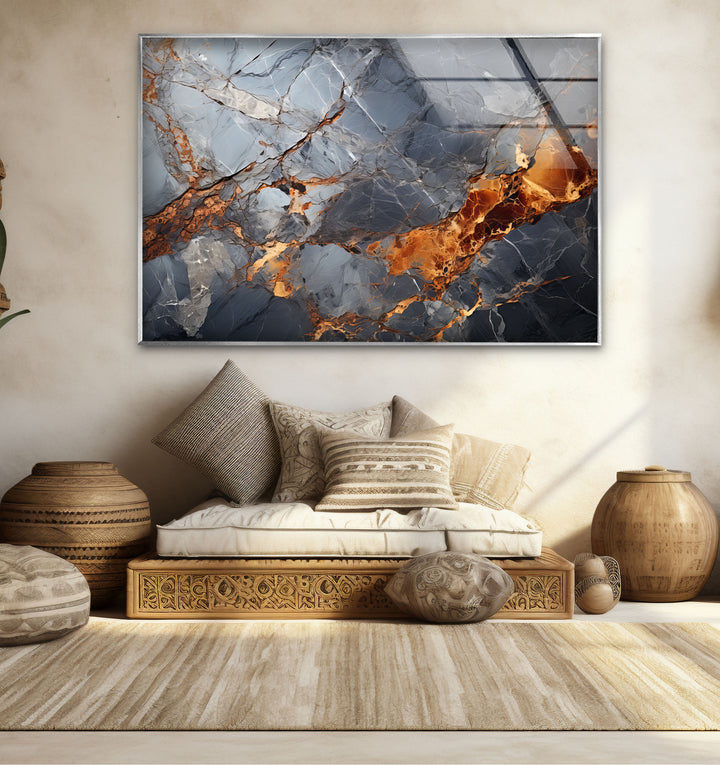 Fiery Blue Marble Glass Wall Art – Abstract Stone Texture Print