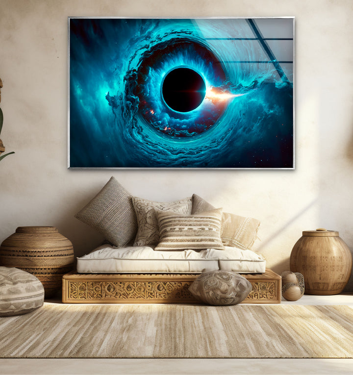 Wandkunst mit kosmischem schwarzen Loch – Blaues Wirbel-Galaxie-Glasdruckdekor 